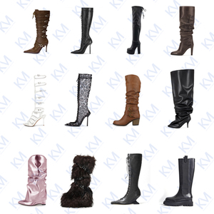 Women's Brown Genuine <strong>Leather</strong> Round Toe Slip-On Waterproof 2cm <strong>Flat</strong> Heel Over-the-Knee <strong>Boots</strong> with Cotton Lining Rubber Outsole - Product Image 2