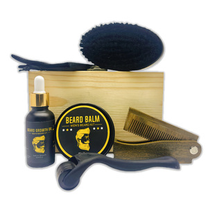 Kit de cuidado de barba con bálsamo, aceite, peine, cepillo, rodillo y bolsa para el crecimiento y peinado de la barba masculina - Product Image 1