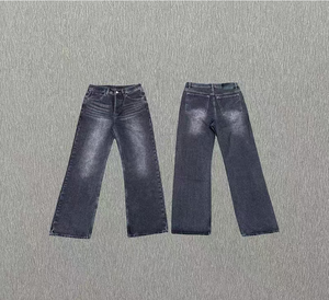 Men's Wide Leg Medium Wash Denim <b>Jeans</b> Mid Waist Loose Fit <b>Chain</b> Embroidery Vintage Streetwear Style Autumn Cotton Fabric Print - Product Image 2
