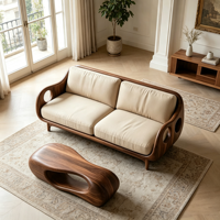 Canapé moderne 2 places pour salon avec structure en fibre de verre durable à effet bois, revêtement en cuir crème de qualité supérieure et design unique
