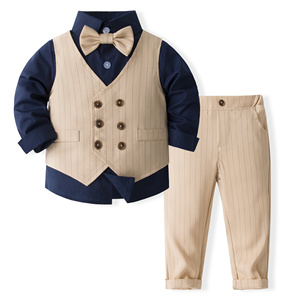Catpapa Vente en gros Ensemble 4 pièces pour garçons : Chemise marine, <span class=keywords><strong>gilet</strong></span> rayé kaki, pantalon et nœud papillon – Tenue de cérémonie pour enfant - Product Image 1