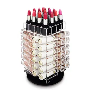 Durable Rotating Clear Acrylic Lipstick Display Stand 64 Lipsticks Holder For Boutique makeup Store Use