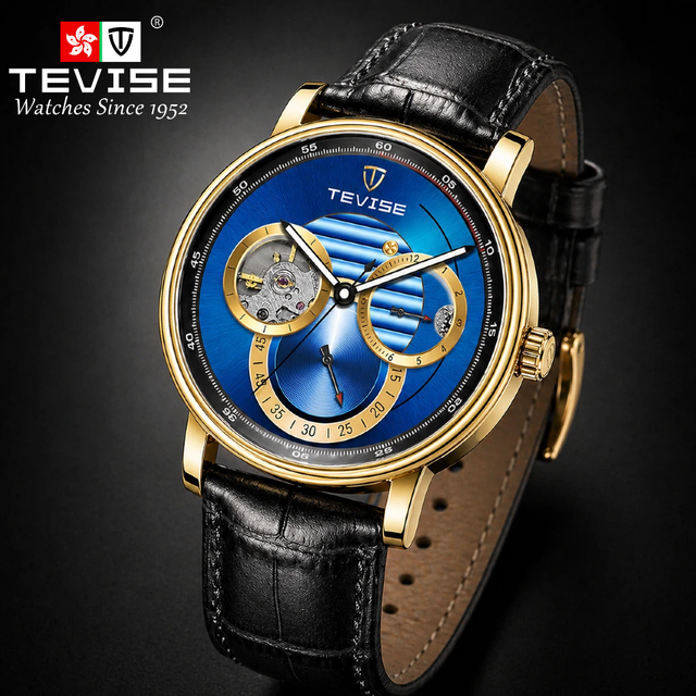 TEVISE Luxury Business Automatic Mechanical Watch Men Open Heart Skeleton Leather Strap Wristwatch