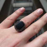 Vente flash Bague en argent vieilli plaqué pour homme, style rétro, agate naturelle, bague turque pour homme, bague signet carrée noire