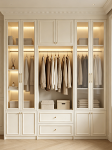 Modern Walk in <b>Wardrobe</b> Glass Door Closet Built in Storage Cabinet Wooden with Hanging Rail and <b>Drawers</b> - Product Image 1