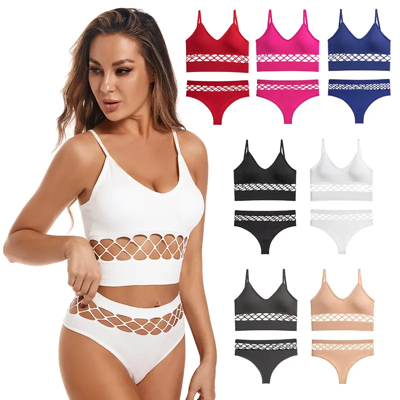 Groothandel Driehoek Cup Pak Naadloze Fitness Crop Top Slipje String 2 Stuk Vrouwen Naadloze Buis Top Sport Bh Set