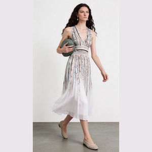 Abito Estivo Elegante da Donna, Nuovo Arrivo, Modello A-Line, Sexy con Scollo a V, Senza Maniche, Lunghezza Maxi, Casual a Righe con Volant, Naturale ODM - Product Image 1