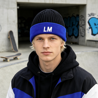 Casquette d'hiver tricotée personnalisée 100 % acrylique bleu marine et blanc avec logo brodé jacquard, coupe ajustée, pour usage quotidien, cadeau de vacances