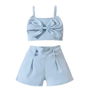 Bow Suspender Top Shorts 2 Piece Sets Summer Children Clothes Girls Good Quality Kids Clothing Sets