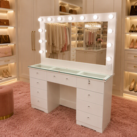 Table de maquillage en MDF blanc avec miroir en bois et ampoules LED, plusieurs tiroirs de rangement, table de toilette pour chambre à coucher