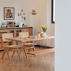 Mesa de comedor de madera de pino con patas de acrílico, estilo minimalista para el hogar u oficina - Product Image 3