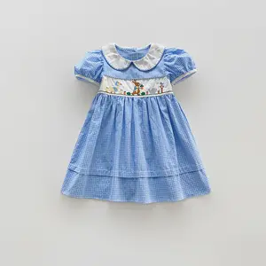Детское клетчатое платье в клетку, 100% хлопковое платье с вышивкой в виде кролика, пасхальное платье для девочек на весну и лето