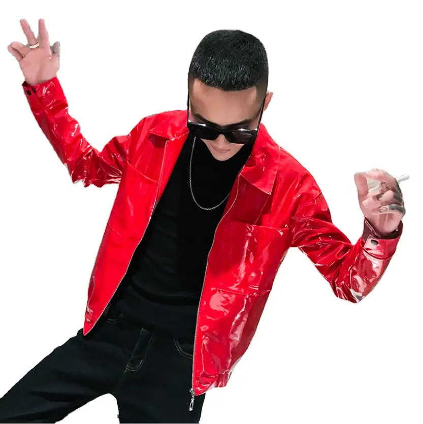 Куртка мужская кожаная в стиле панк, модный костюм для танцев, клубов и вечеринок, куртка-бомбер красного, черного цвета, на осень-зиму
