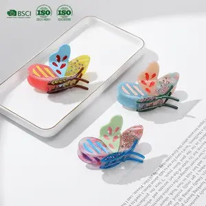 Grampos de garra de cabelo para mulheres com strass colorido em forma de borboleta de acetato série de desenhos animados YHJ de fábrica BSCI