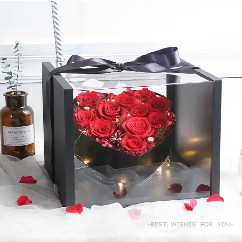 Upscale लोकप्रिय बड़े नयनाभिराम प्यार पारदर्शी एक्रिलिक फूल उपहार बॉक्स पुष्प पैकेजिंग बॉक्स