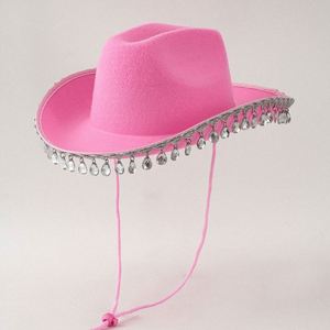 Chapeau de fête en strass en gros, style western, chapeau de cowgirl rose avec pompon diamanté - Product Image 1