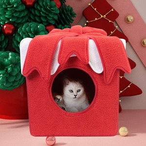 Christmas <b>Cat</b> House Red Square <b>Plush</b> Pet Bed Warm Winter Gift For Indoor <b>Cats</b> Four Seasons Use - Product Image 4