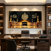 Jam Dinding Ka'bah Muslim Modern Seni Dinding Kota Suci Makkah Dekorasi Rumah Islami Hadiah Ramadan Idul Fitri Lukisan Kristal Porselen LED