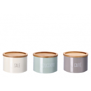 Set di barattoli in latta con coperchio per uso in cucina, 3 pezzi con coperchi in legno, in offerta, etichette Zucchero Caffè - Product Image 1