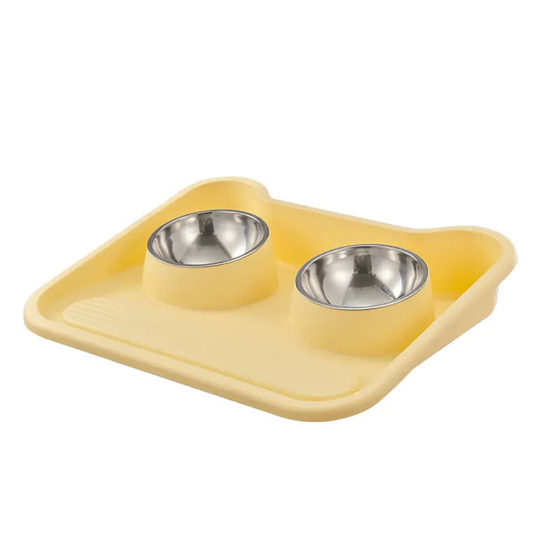 Pet Leak Proof Dinner Plate Large Capacity Stainless Steel Neck Guard Double Bowl Plastic Drinking Bowl