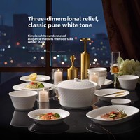 Ensemble de vaisselle en céramique sous glaçure, compatible micro-ondes, design minimaliste moderne, motif en relief, ensemble complet avec baguettes/cuillère/fourchette/couteau