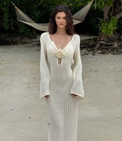 Robe longue de plage pour femme Para Praia, style bohème, tricotée, coupe trapèze, avec logo frontal, design ajouré, respirante, col en V, une pièce
