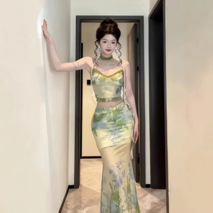 Traditional Chinese Women Two Piece Set Printed Top And Long Skirt Green Party Casual Wear Polyester Fiber - Product Image 3