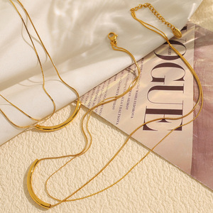 European American Trendy Double Layer Gold Plated <b>Titanium</b> Steel Necklace Geometric Design Short Clavicle <b>Chain</b> For Women - Product Image 2