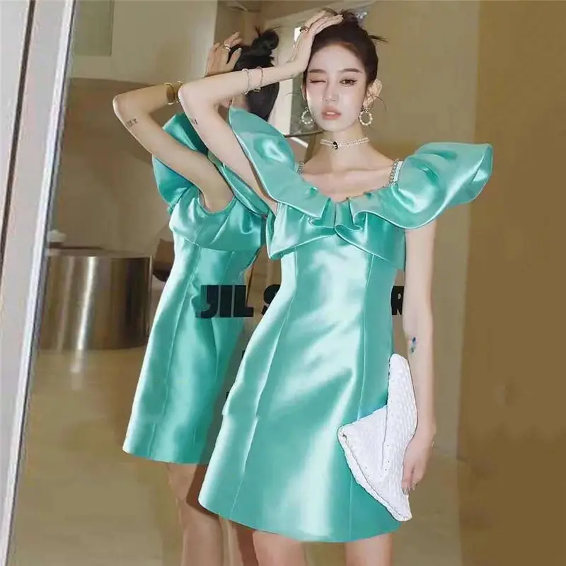 A4999 Luxury Mint Square Collar Ruffle Sleeve Women Slip Dress Satin