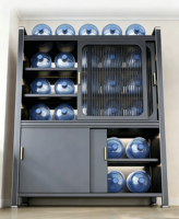 Meuble de rangement de cuisine moderne en acier sur mesure avec portes vitrées sur roulettes, buffet autoportant multi-niveaux