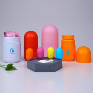 In Voorraad Lege Kleurrijke Capsule Vorm Medicijnflessen Plastic Supplement Op Maat Zeefdruk Eiwitpoederpot