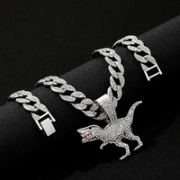 Argent Plaqué Or Hip Hop Glacé 15mm CZ Miami Cuban Link Chaîne Avec Petit Dinosaure Pendentif Collier Bijoux