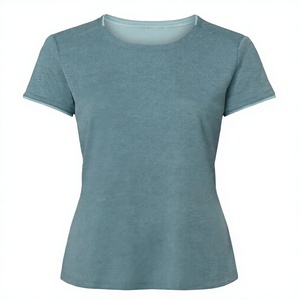Women's O-Neck Short Sleeve T-Shirt Solid Blue Knitted Casual Wear Slim Fit All Seasons - Product Image 1