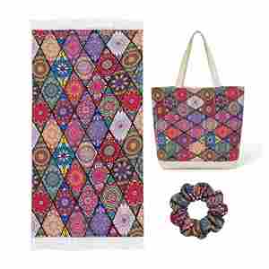 Serviette <span class=keywords><strong>de</strong></span> plage bohème en microfibre avec pompons, serviette <span class=keywords><strong>de</strong></span> <span class=keywords><strong>bain</strong></span> bohème sans sable à séchage rapide pour le yoga, la natation et les voyages d'été - Product Image 1