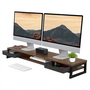 <b>Adjustable</b> Foldable Extendable Wooden <b>Monitor</b> <b>Stand</b> with- Drawer for 2 <b>Monitors</b> 2-Tier Riser Desk Shelf - Product Image 2