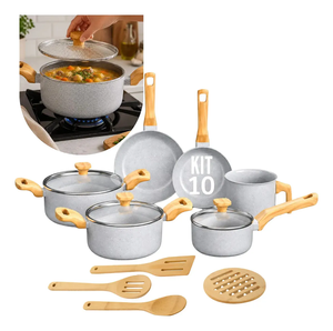 Ensemble de 10 ustensiles de cuisine en céramique antiadhésifs avec poignées en bois, couvercles en verre, pour cuisinières à gaz et à induction, design moderne - Product Image 5