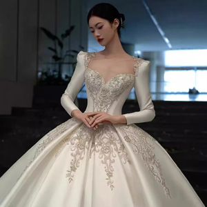 Satin Wedding Dress Ball Gown Sweetheart Neckline Long Sleeves Princess Waistline Vintage Style <b>Floor</b> Length - Product Image 2