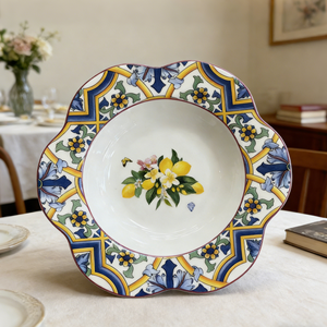 Juego de Vajilla de Porcelana Vintage con Borde Festoneado en Azul y Amarillo con Diseño Floral de Limones para <span class=keywords><strong>Brunch</strong></span> de Verano y Reuniones de Estilo Mediterráneo - Product Image 6