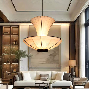 Lustre de salon de style Song, 80 cm, 100 cm, LED tricolore, lumière chaude, design chinois, lampe suspendue en tissu - Product Image 4