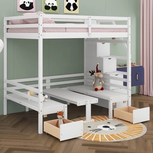 <span class=keywords><strong>Lit</strong></span> mezzanine multifonctionnel pour enfants avec bureau et banc, escalier de rangement avec compartiments, <span class=keywords><strong>lit</strong></span> <span class=keywords><strong>superposé</strong></span> en bois massif blanc pour garçons, filles et adolescents - Product Image 2