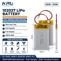 بطارية ليثيوم بوليمر KRL 102027 فائقة النحافة 1 مم، 3.7 فولت، 450 مللي أمبير في الساعة، معتمدة CE وRoHS، لأجهزة السمع والأوديفون والأجهزة الطبية داخل الأذن، متاحة بتصنيع حسب الطلب