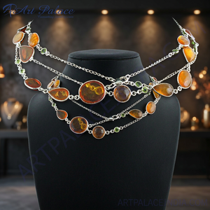 Art Palace Hot Sale Fashion Amber & Peridot Gemstone <b>Silver</b> Necklace - Product Image 2