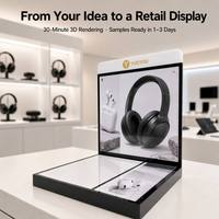 Présentoir audio en acrylique avec logo personnalisé, panneau d'affichage interchangeable, base miroir, support de vente au détail pour casques et écouteurs TWS
