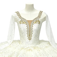 Tutu de ballet professionnel T2070 pour filles, blanc, style Paquita, manches longues, avec strass, pour spectacle de ballet, compétition sur scène