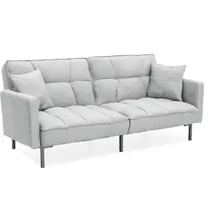 Sofá seccional moderno conversível, sofá de linho para pequeno espaço cinza