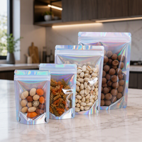 Sacs en Mylar holographiques personnalisés avec logo, pochettes verticales, sacs refermables à fermeture éclair effet laser arc-en-ciel pour emballage de bonbons, snacks, aliments et gloss à lèvres
