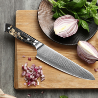 Couteau de chef japonais Damas 8 pouces, lame en acier à haute teneur en carbone avec manche en résine de platine de luxe pour une coupe de précision