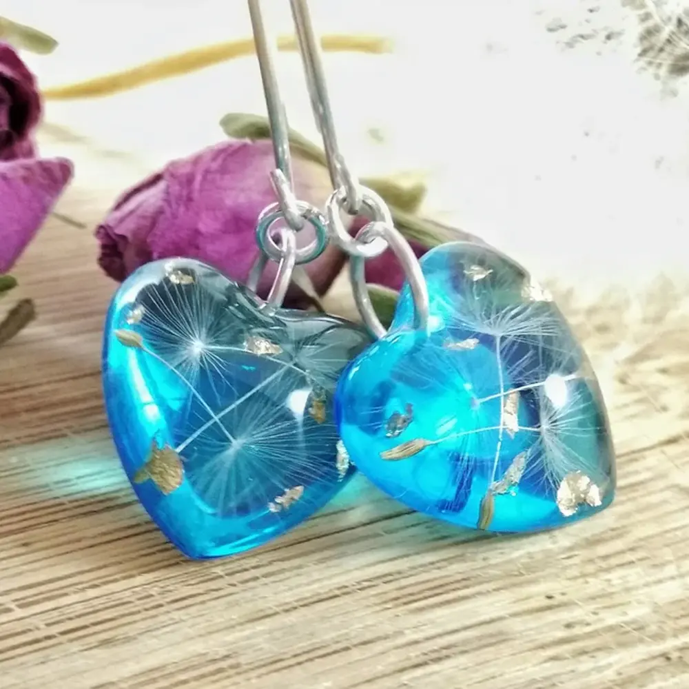 Exportation mondiale de bijoux en gros en argent Sterling coeur fait à la main en résine bleue pissenlit fleurs séchées boucles d'oreilles créoles