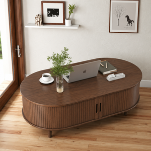 Oval <b>Coffee</b> <b>Table</b> with Tambour Door Mid Century Modern Fluted Storage <b>Table</b> <b>Walnut</b> 1080 x 580 x 400 mm Size - Product Image 5