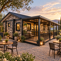 Café modulaire préfabriqué en pierre avec terrasse couverte et sièges extérieurs pour usage commercial